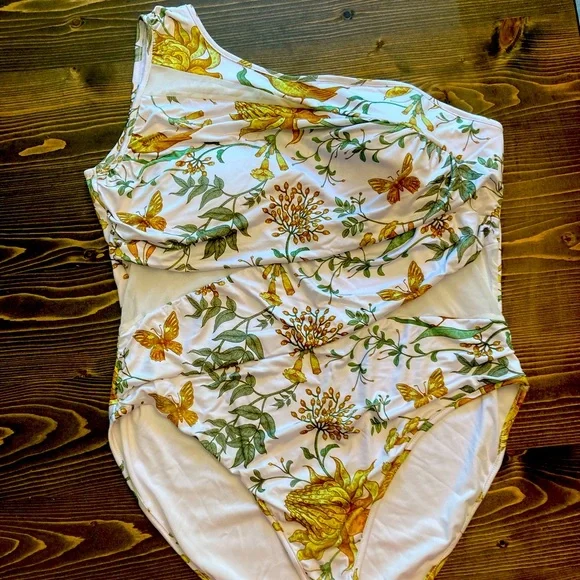 Ruched one shoulder cream and yellow butterfly floral swimsuit mesh size XL XXL - Picture 1 of 4